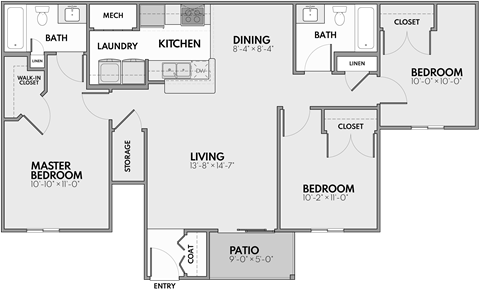 Floor plan for 3 beds, 2 baths, 1150 sqft